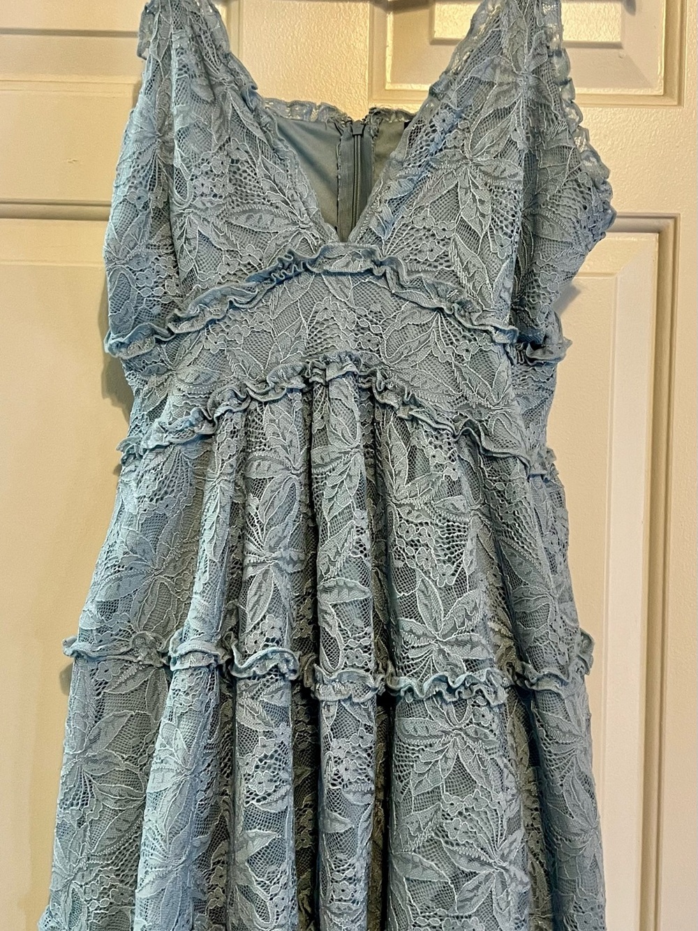 Justify Sage Dusty Blue Ruffle Tiered Lace Cami Mini Dress - Size L